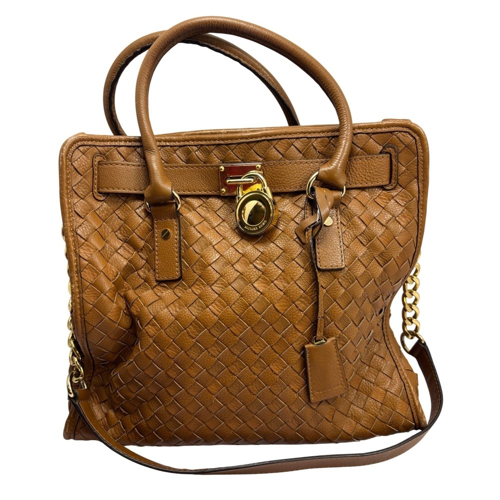 Michael Kors Hamilton Large NS Tote Tan Woven Leather Gold Padlock Handbag